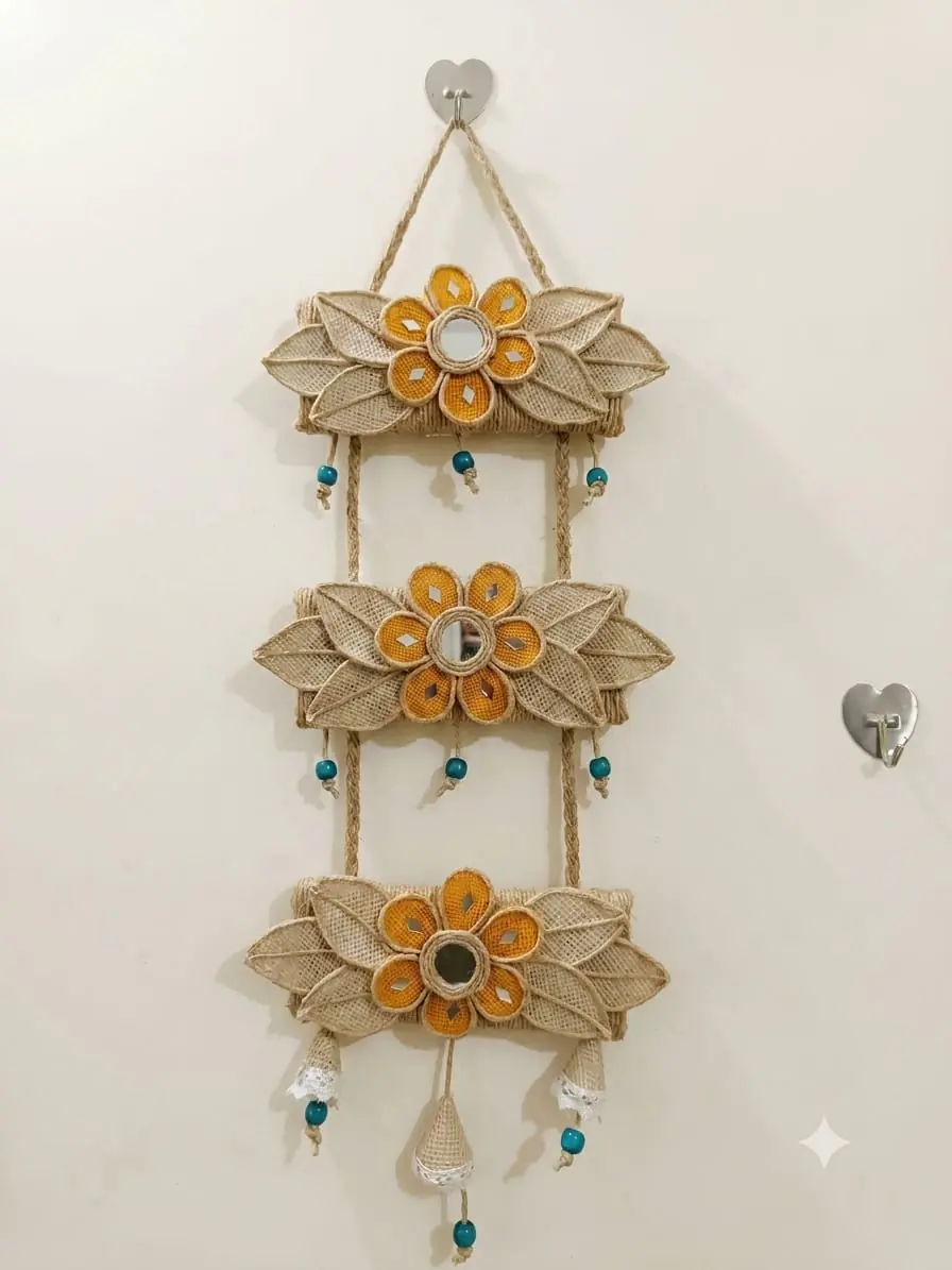 Handmade Jute (Triple Floral Mirror) Wall Hanging