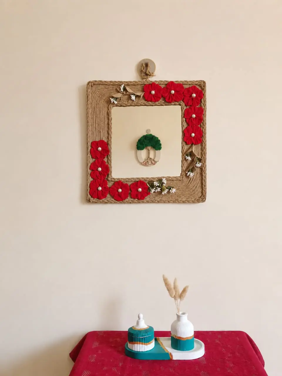 Handmade Jute(Floral Mirror) Wall Hanging