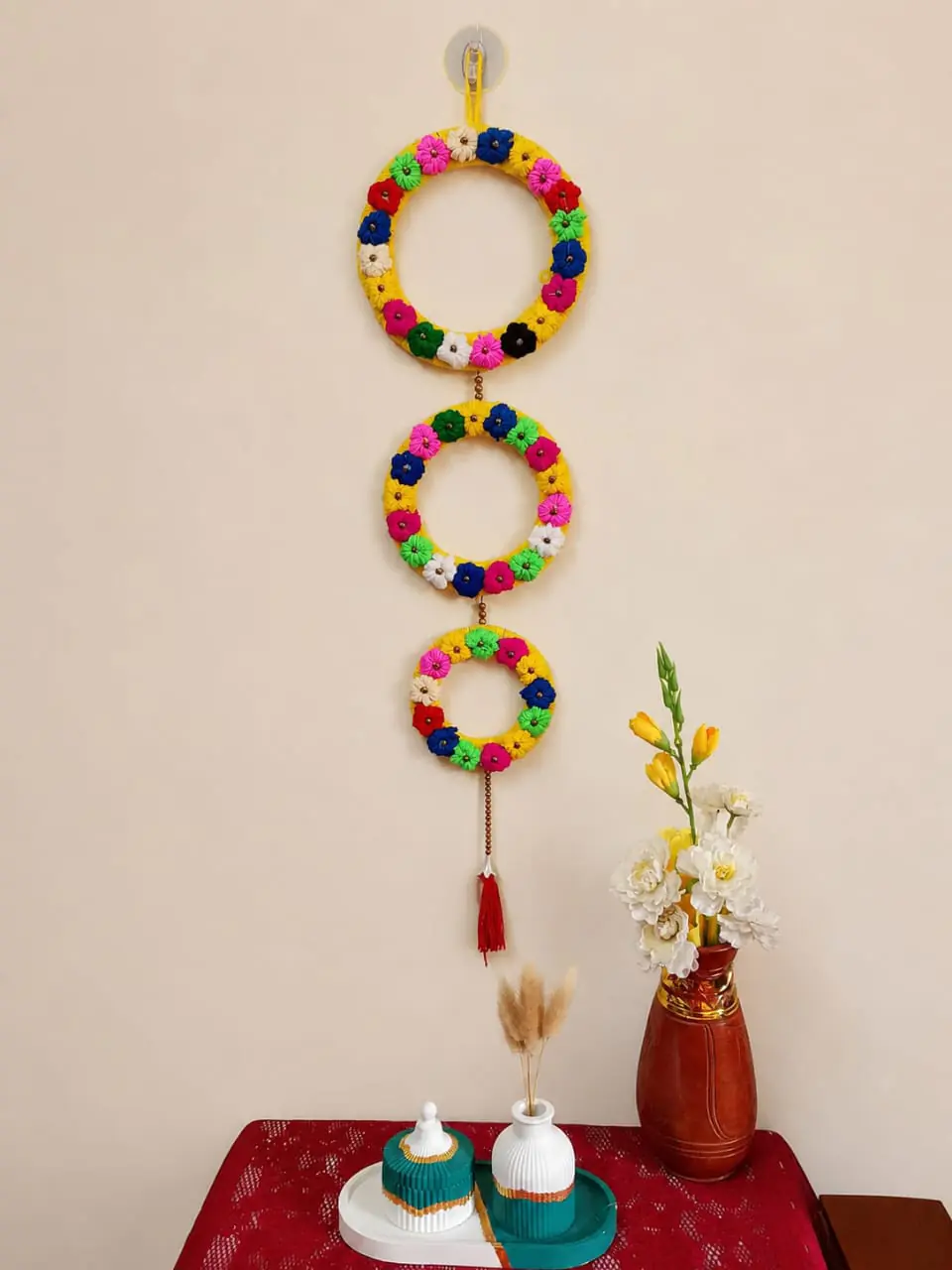 Handmade Triple Ring Floral Wall Hanging
